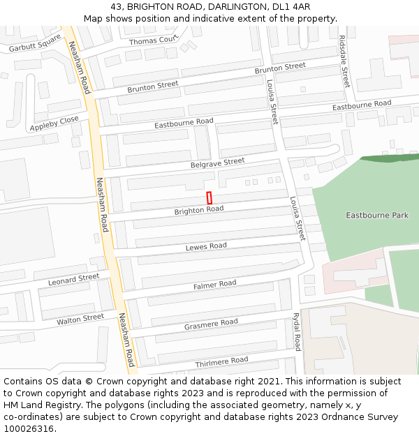 43, BRIGHTON ROAD, DARLINGTON, DL1 4AR: Location map and indicative extent of plot