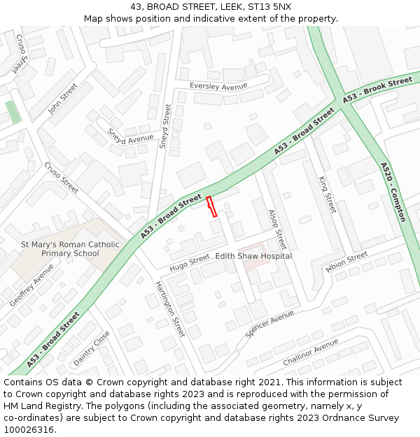 43, BROAD STREET, LEEK, ST13 5NX: Location map and indicative extent of plot