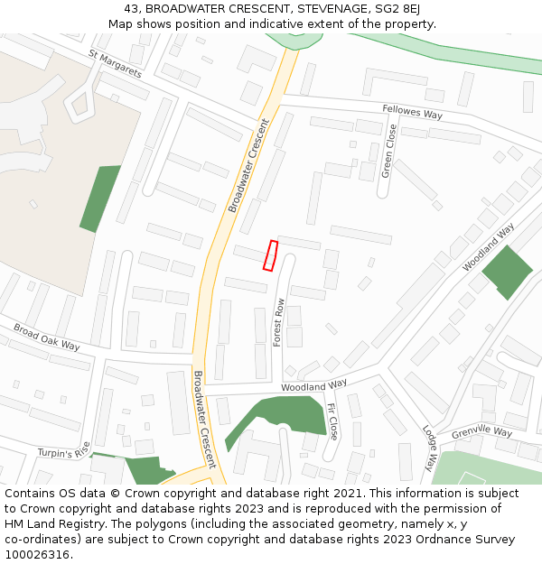 43, BROADWATER CRESCENT, STEVENAGE, SG2 8EJ: Location map and indicative extent of plot