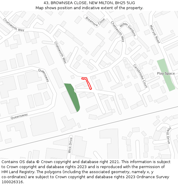 43, BROWNSEA CLOSE, NEW MILTON, BH25 5UG: Location map and indicative extent of plot