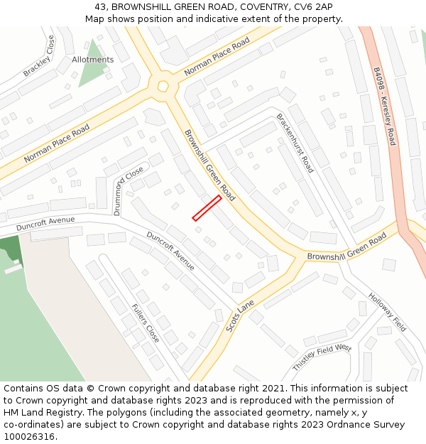 43, BROWNSHILL GREEN ROAD, COVENTRY, CV6 2AP: Location map and indicative extent of plot
