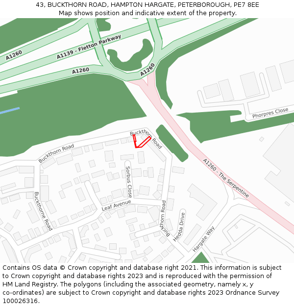 43, BUCKTHORN ROAD, HAMPTON HARGATE, PETERBOROUGH, PE7 8EE: Location map and indicative extent of plot