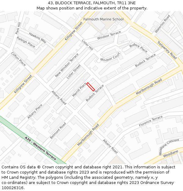 43, BUDOCK TERRACE, FALMOUTH, TR11 3NE: Location map and indicative extent of plot