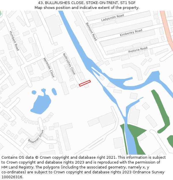 43, BULLRUSHES CLOSE, STOKE-ON-TRENT, ST1 5GF: Location map and indicative extent of plot