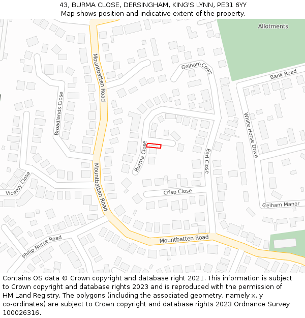 43, BURMA CLOSE, DERSINGHAM, KING'S LYNN, PE31 6YY: Location map and indicative extent of plot