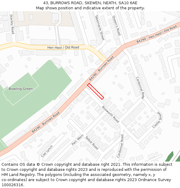 43, BURROWS ROAD, SKEWEN, NEATH, SA10 6AE: Location map and indicative extent of plot