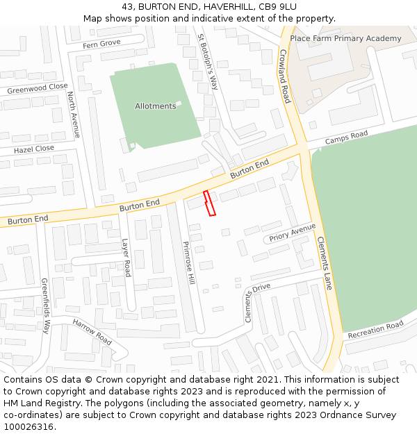 43, BURTON END, HAVERHILL, CB9 9LU: Location map and indicative extent of plot