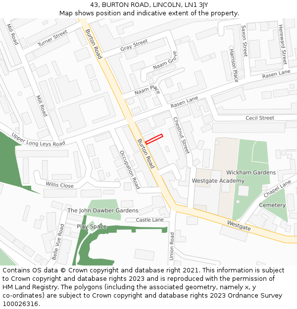 43, BURTON ROAD, LINCOLN, LN1 3JY: Location map and indicative extent of plot