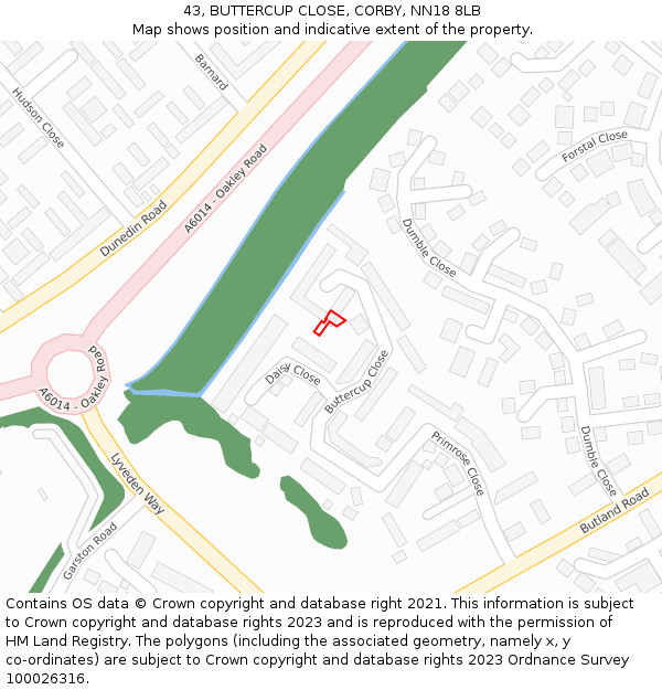 43, BUTTERCUP CLOSE, CORBY, NN18 8LB: Location map and indicative extent of plot