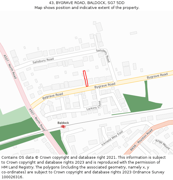 43, BYGRAVE ROAD, BALDOCK, SG7 5DD: Location map and indicative extent of plot