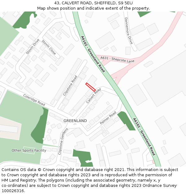 43, CALVERT ROAD, SHEFFIELD, S9 5EU: Location map and indicative extent of plot