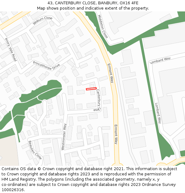 43, CANTERBURY CLOSE, BANBURY, OX16 4FE: Location map and indicative extent of plot