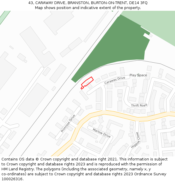 43, CARAWAY DRIVE, BRANSTON, BURTON-ON-TRENT, DE14 3FQ: Location map and indicative extent of plot