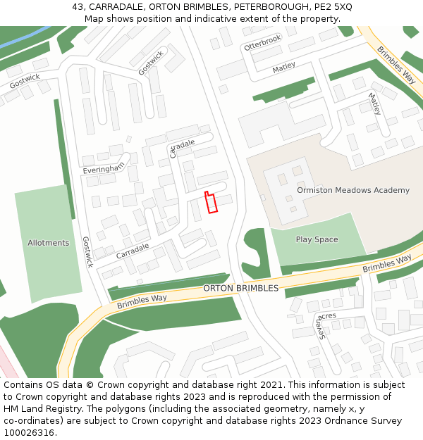 43, CARRADALE, ORTON BRIMBLES, PETERBOROUGH, PE2 5XQ: Location map and indicative extent of plot