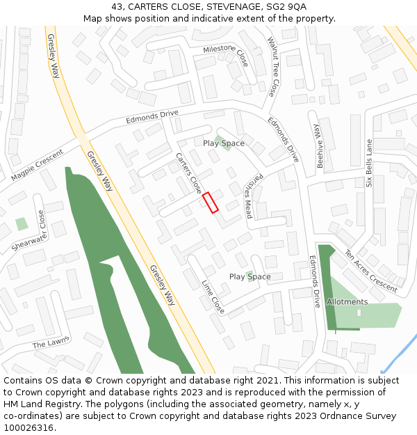 43, CARTERS CLOSE, STEVENAGE, SG2 9QA: Location map and indicative extent of plot