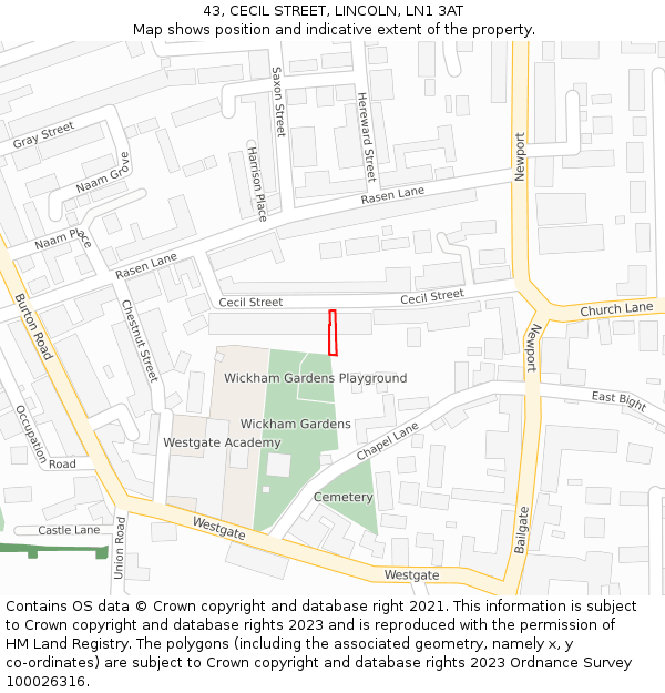 43, CECIL STREET, LINCOLN, LN1 3AT: Location map and indicative extent of plot