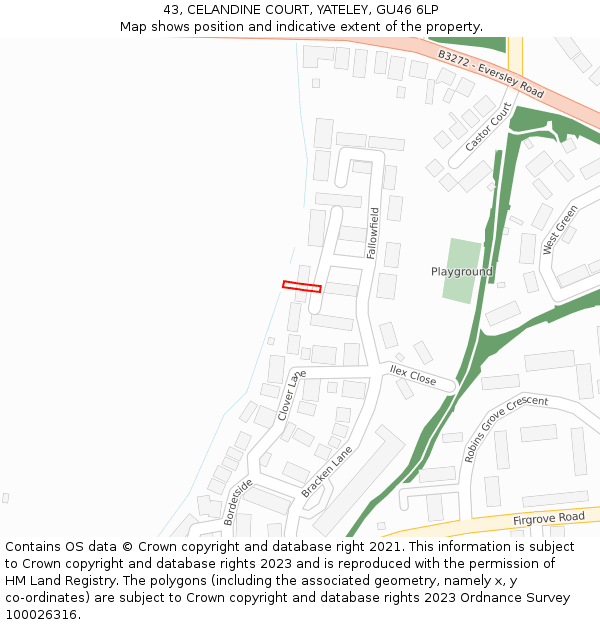 43, CELANDINE COURT, YATELEY, GU46 6LP: Location map and indicative extent of plot