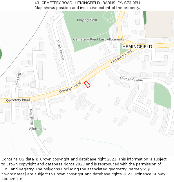 43, CEMETERY ROAD, HEMINGFIELD, BARNSLEY, S73 0PU: Location map and indicative extent of plot