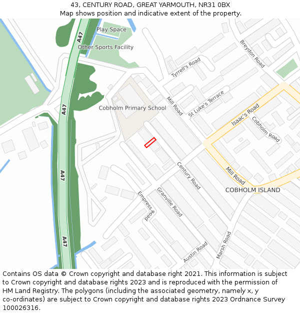43, CENTURY ROAD, GREAT YARMOUTH, NR31 0BX: Location map and indicative extent of plot