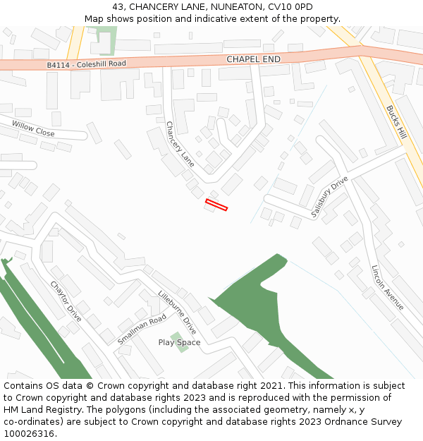 43, CHANCERY LANE, NUNEATON, CV10 0PD: Location map and indicative extent of plot
