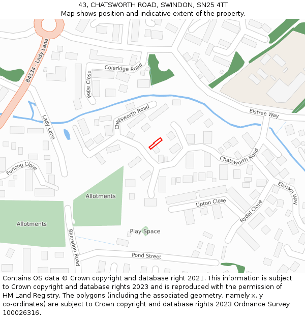 43, CHATSWORTH ROAD, SWINDON, SN25 4TT: Location map and indicative extent of plot