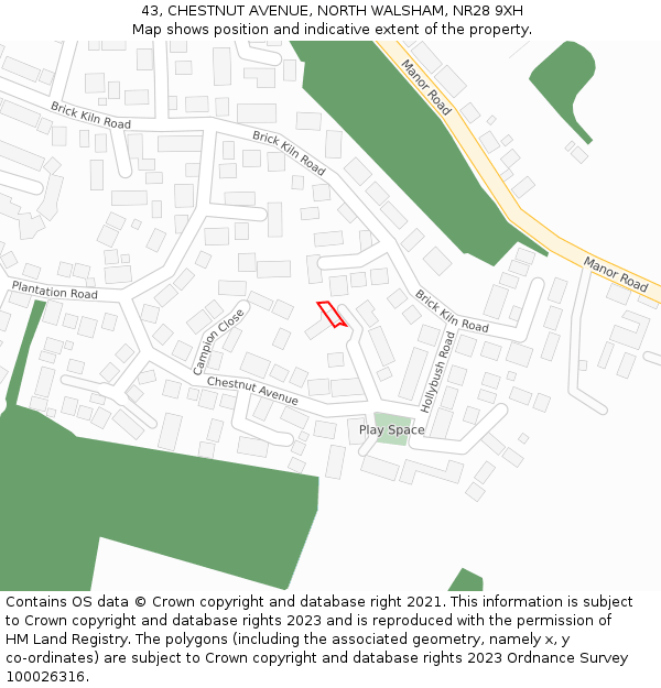 43, CHESTNUT AVENUE, NORTH WALSHAM, NR28 9XH: Location map and indicative extent of plot