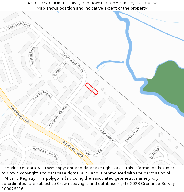 43, CHRISTCHURCH DRIVE, BLACKWATER, CAMBERLEY, GU17 0HW: Location map and indicative extent of plot