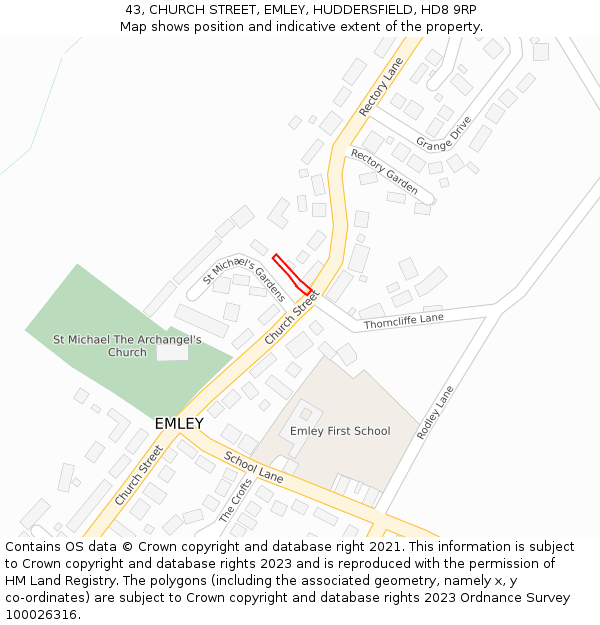 43, CHURCH STREET, EMLEY, HUDDERSFIELD, HD8 9RP: Location map and indicative extent of plot