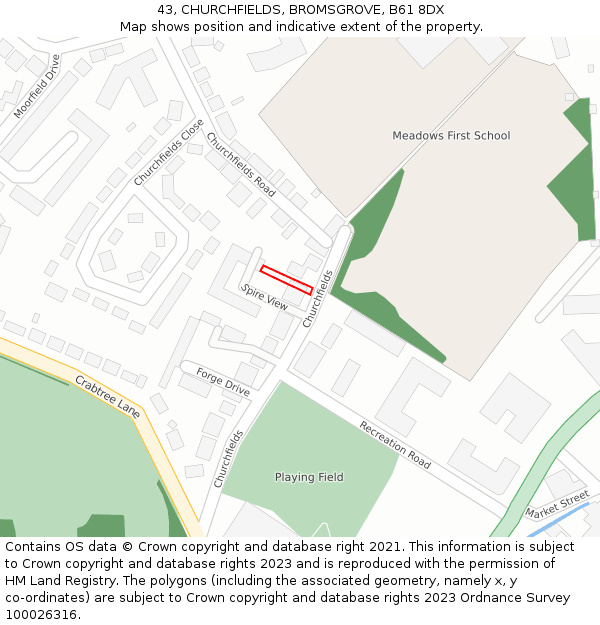 43, CHURCHFIELDS, BROMSGROVE, B61 8DX: Location map and indicative extent of plot
