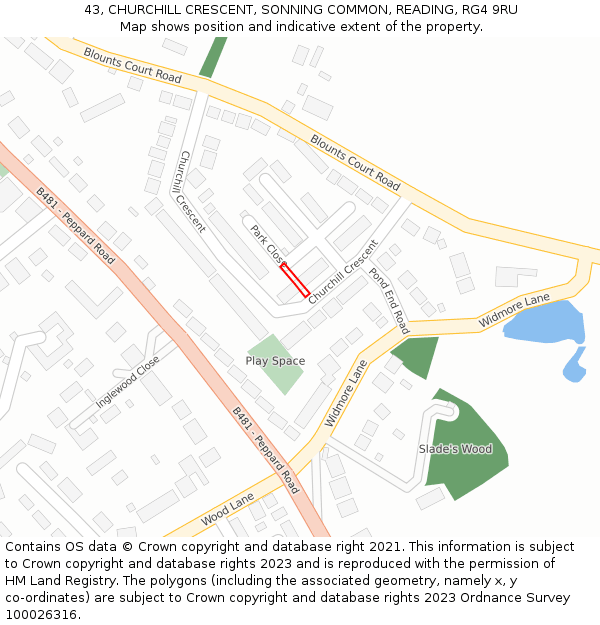 43, CHURCHILL CRESCENT, SONNING COMMON, READING, RG4 9RU: Location map and indicative extent of plot