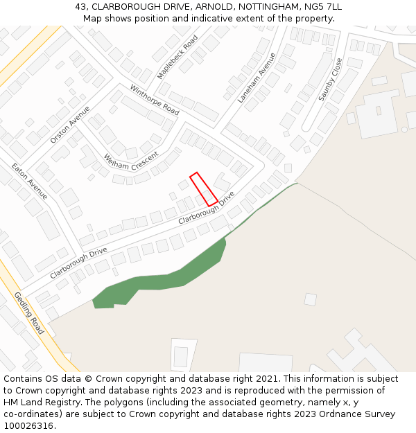 43, CLARBOROUGH DRIVE, ARNOLD, NOTTINGHAM, NG5 7LL: Location map and indicative extent of plot