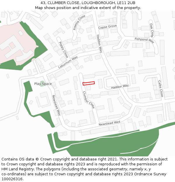 43, CLUMBER CLOSE, LOUGHBOROUGH, LE11 2UB: Location map and indicative extent of plot