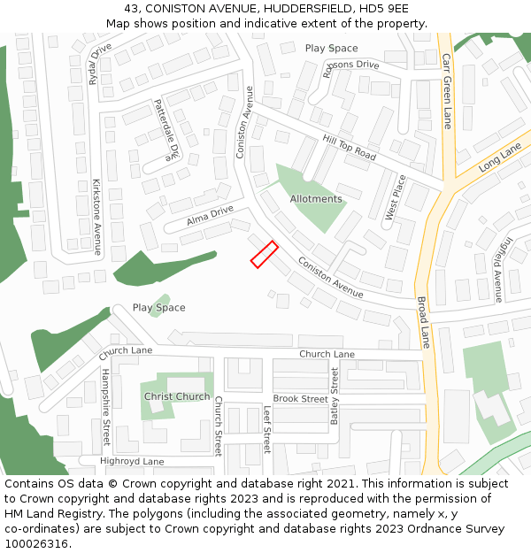 43, CONISTON AVENUE, HUDDERSFIELD, HD5 9EE: Location map and indicative extent of plot