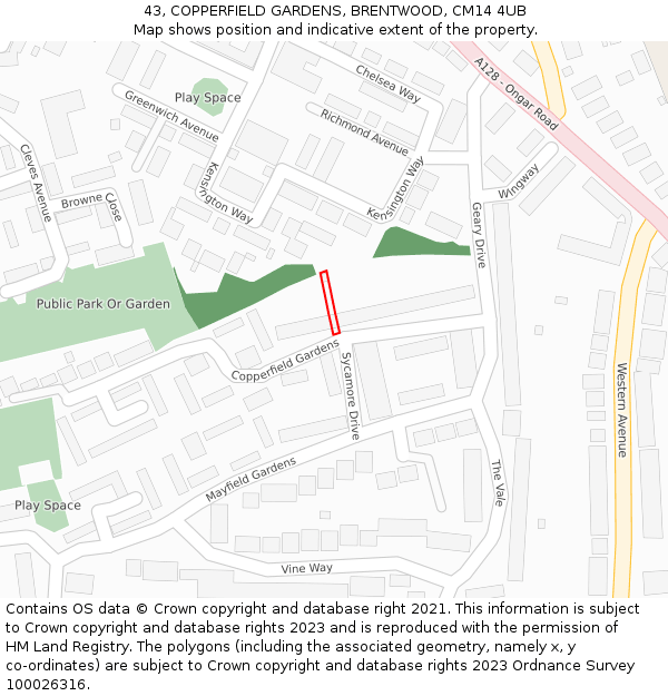 43, COPPERFIELD GARDENS, BRENTWOOD, CM14 4UB: Location map and indicative extent of plot