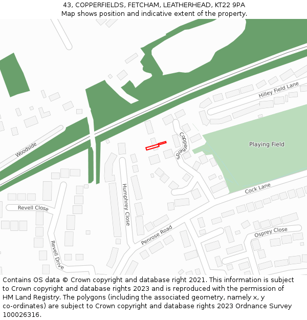 43, COPPERFIELDS, FETCHAM, LEATHERHEAD, KT22 9PA: Location map and indicative extent of plot