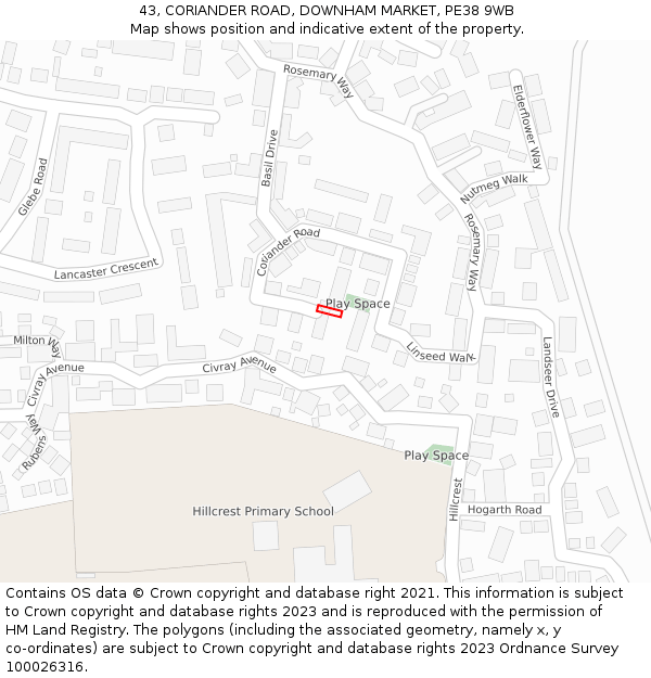 43, CORIANDER ROAD, DOWNHAM MARKET, PE38 9WB: Location map and indicative extent of plot