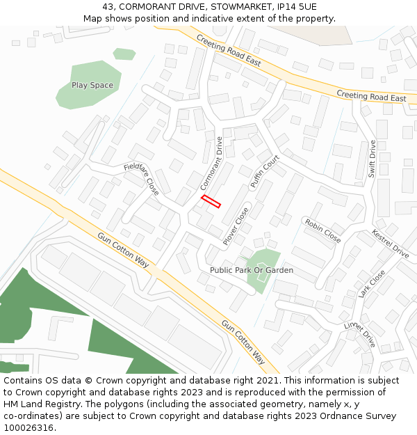 43, CORMORANT DRIVE, STOWMARKET, IP14 5UE: Location map and indicative extent of plot