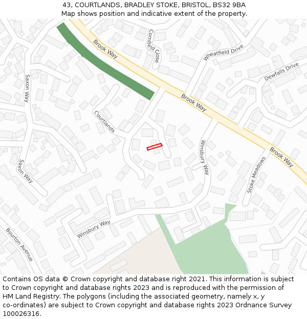 43, COURTLANDS, BRADLEY STOKE, BRISTOL, BS32 9BA: Location map and indicative extent of plot