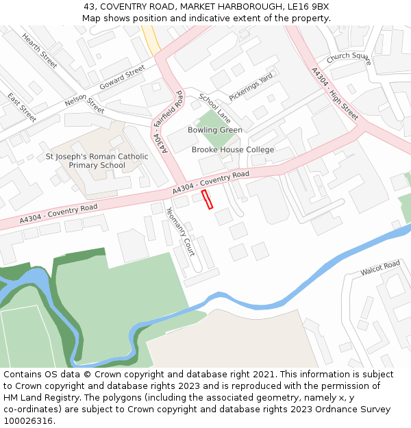 43, COVENTRY ROAD, MARKET HARBOROUGH, LE16 9BX: Location map and indicative extent of plot
