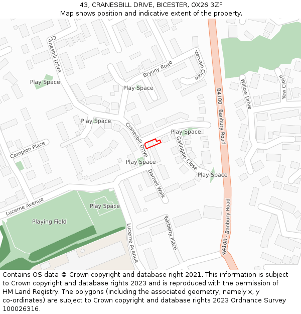 43, CRANESBILL DRIVE, BICESTER, OX26 3ZF: Location map and indicative extent of plot