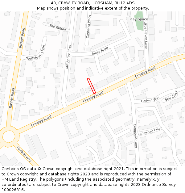 43, CRAWLEY ROAD, HORSHAM, RH12 4DS: Location map and indicative extent of plot