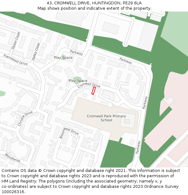 43, CROMWELL DRIVE, HUNTINGDON, PE29 6LA: Location map and indicative extent of plot