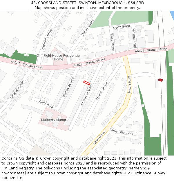 43, CROSSLAND STREET, SWINTON, MEXBOROUGH, S64 8BB: Location map and indicative extent of plot