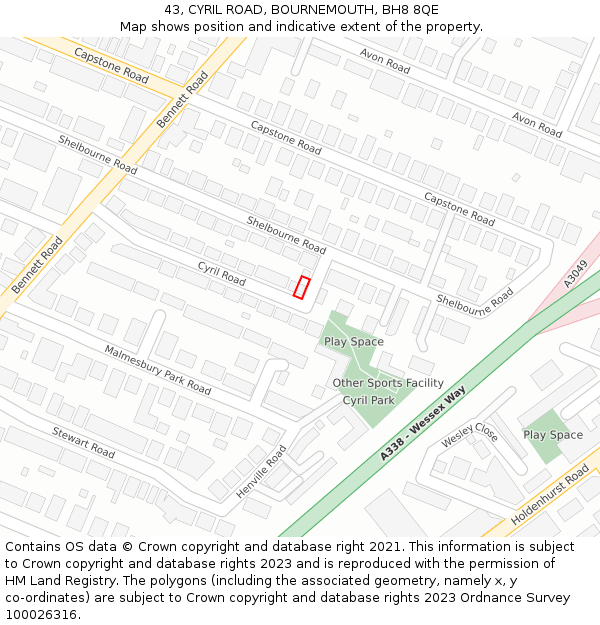 43, CYRIL ROAD, BOURNEMOUTH, BH8 8QE: Location map and indicative extent of plot