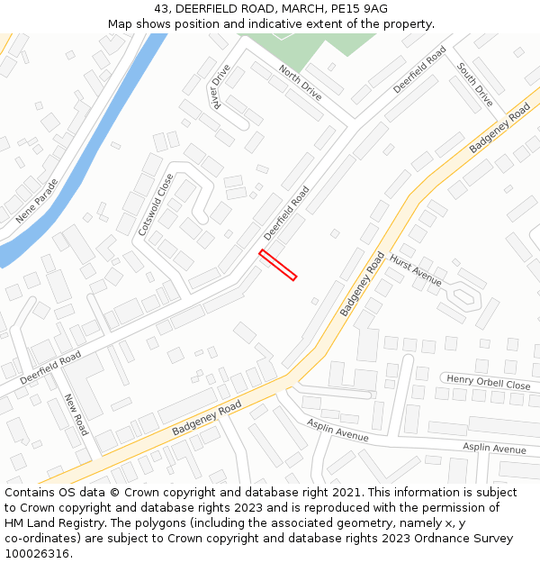 43, DEERFIELD ROAD, MARCH, PE15 9AG: Location map and indicative extent of plot