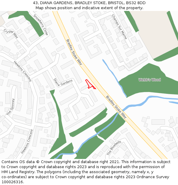 43, DIANA GARDENS, BRADLEY STOKE, BRISTOL, BS32 8DD: Location map and indicative extent of plot