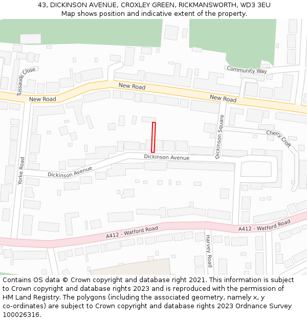 43, DICKINSON AVENUE, CROXLEY GREEN, RICKMANSWORTH, WD3 3EU: Location map and indicative extent of plot
