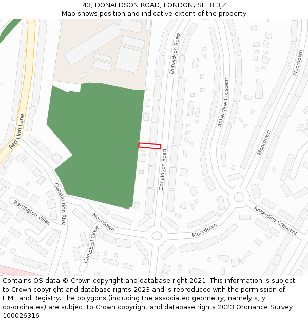 43, DONALDSON ROAD, LONDON, SE18 3JZ: Location map and indicative extent of plot