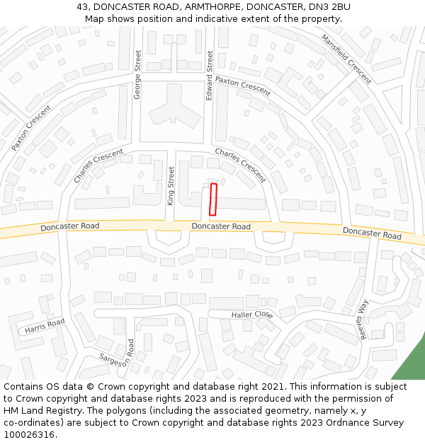 43, DONCASTER ROAD, ARMTHORPE, DONCASTER, DN3 2BU: Location map and indicative extent of plot