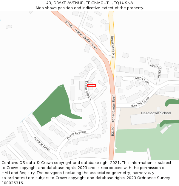 43, DRAKE AVENUE, TEIGNMOUTH, TQ14 9NA: Location map and indicative extent of plot